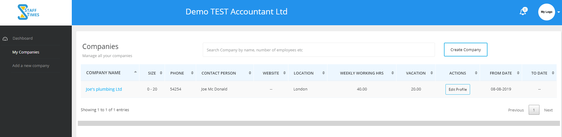 Dashboard for managing several companies in our time tracking software for accountants