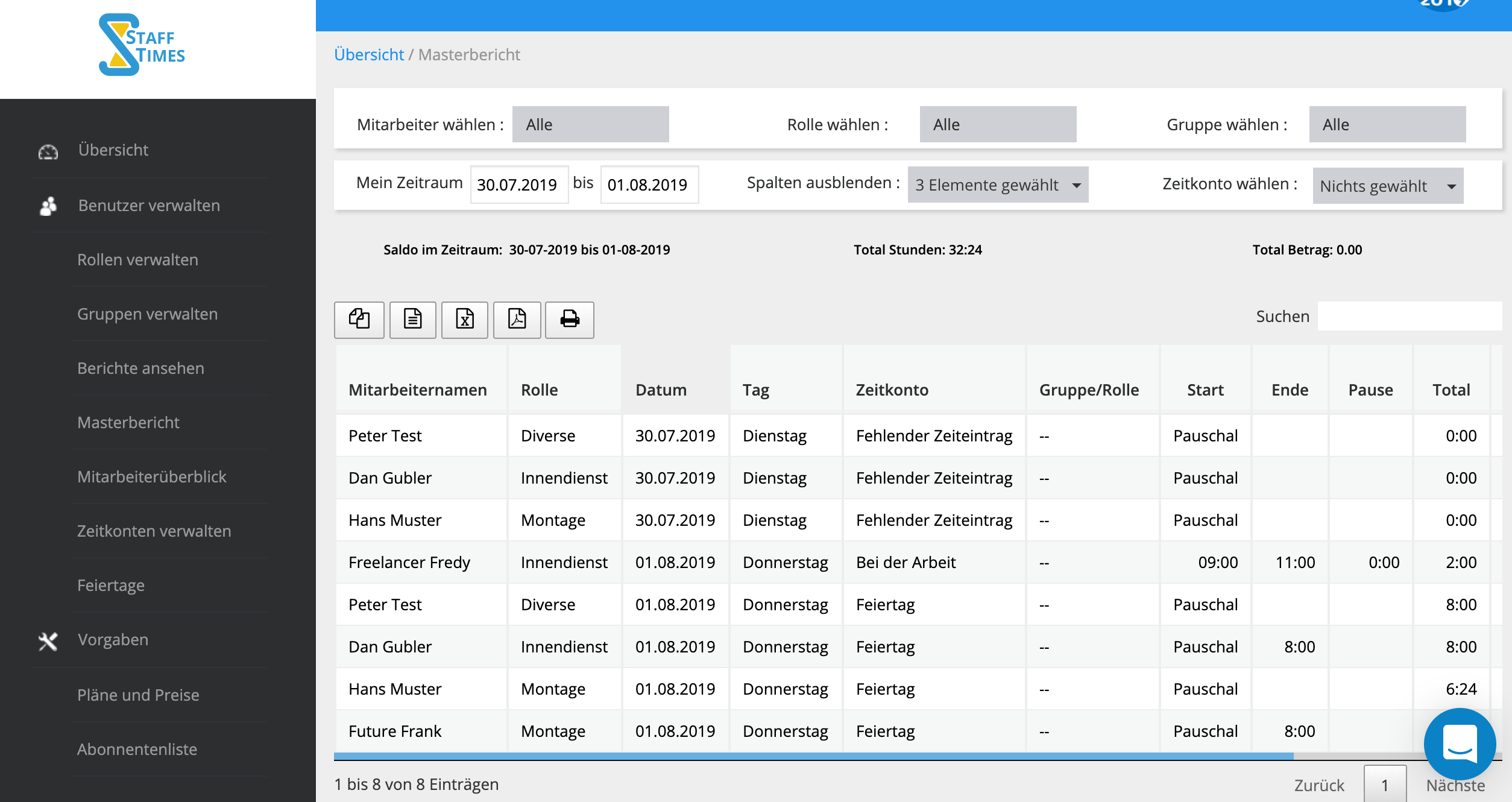 Master report providing an overview of mobile time tracking data