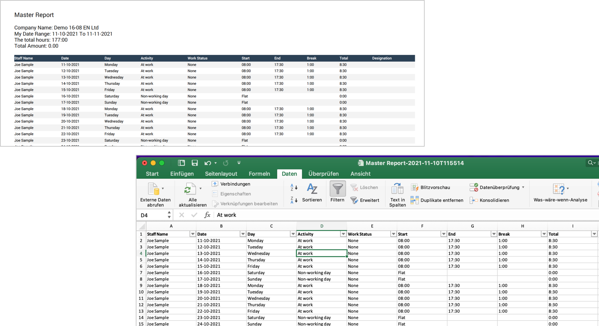 Master report of time tracking in software and Exel