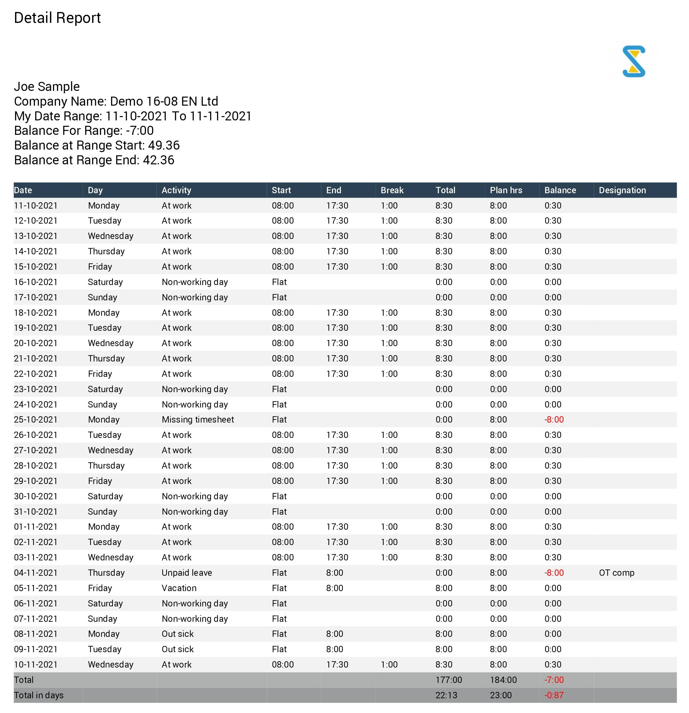 Example detail report in time tracking software