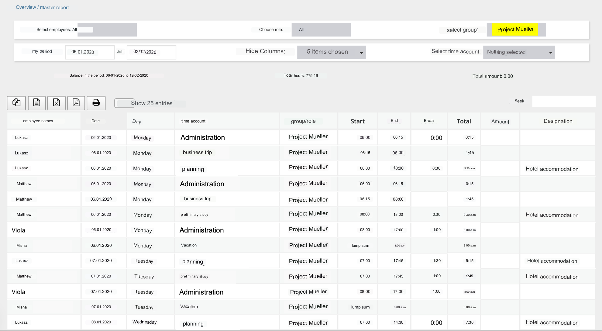 Master report providing an overview of mobile time tracking data